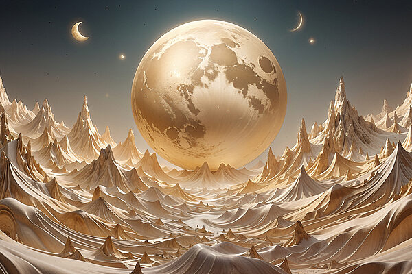 A moon over mountains and hills