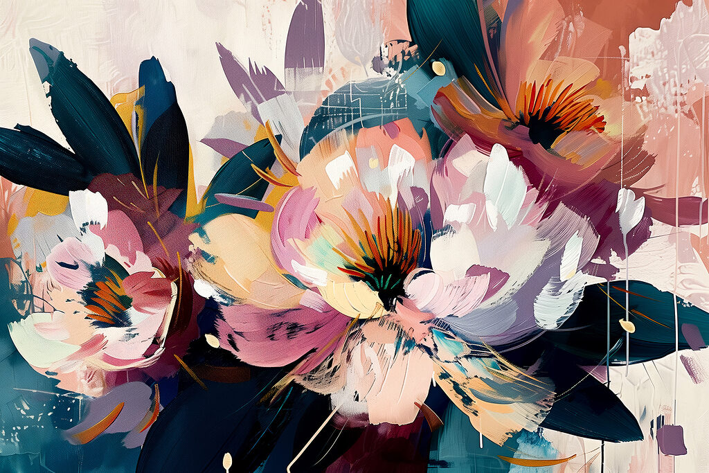 A painting of flowers and leaves