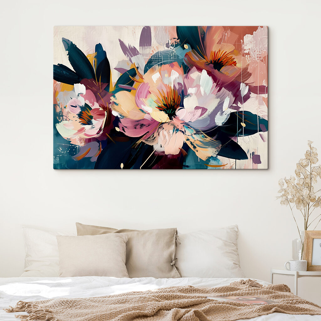 A painting of flowers and leaves