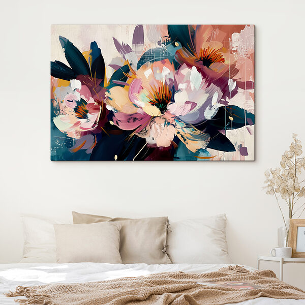A painting of flowers and leaves