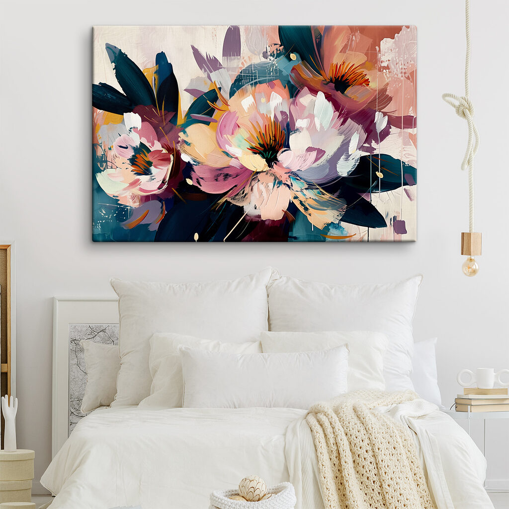 A painting of flowers and leaves