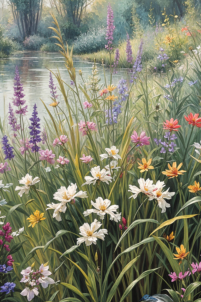 A painting of flowers by a river A painting of flowers by a river