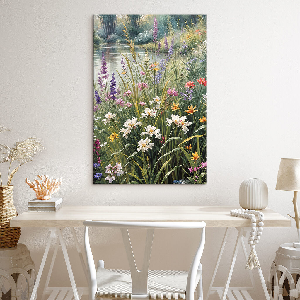 A painting of flowers by a river A painting of flowers by a river