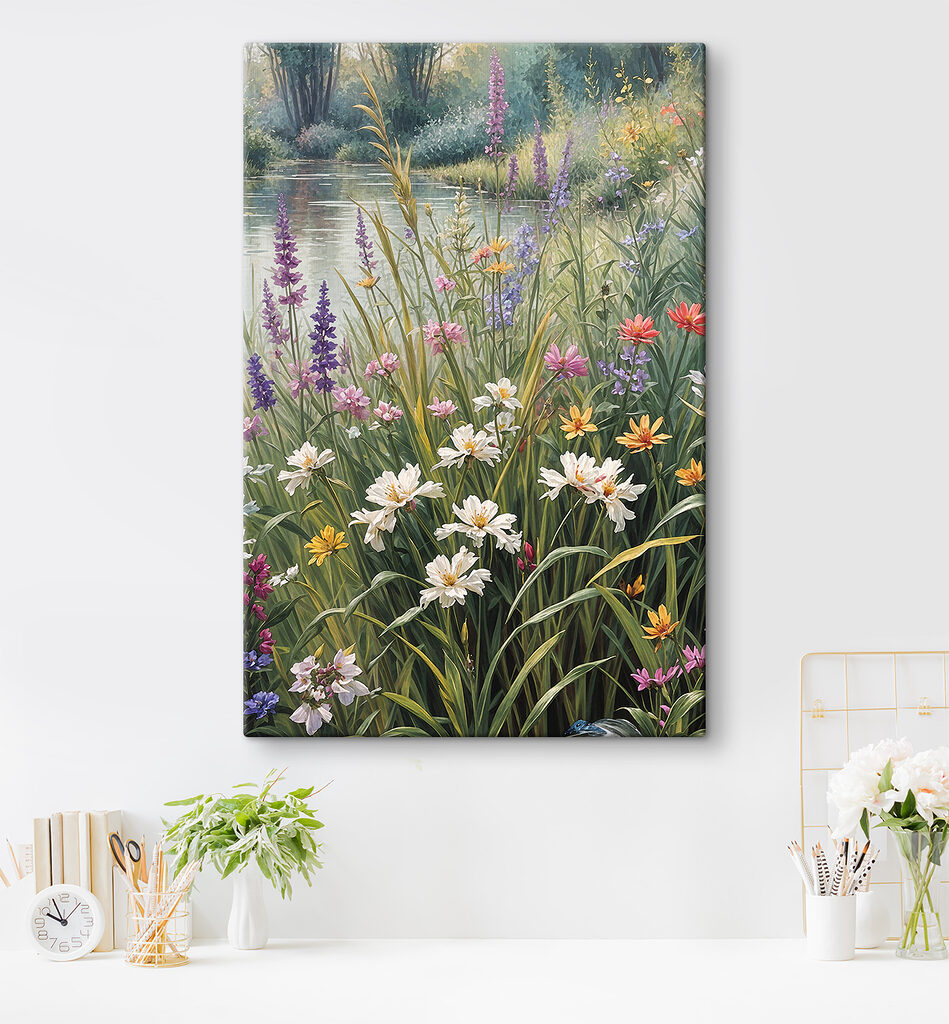 A painting of flowers by a river A painting of flowers by a river