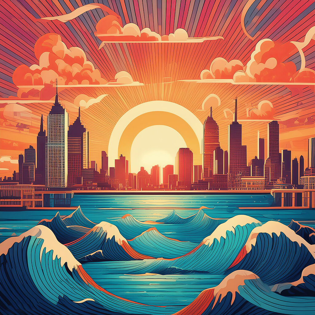 A city with waves in the water