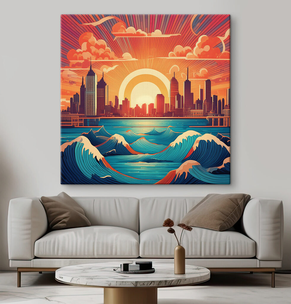 A city with waves in the water