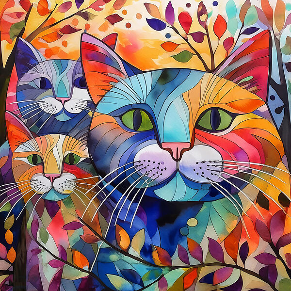 A group of cats with colorful leaves A group of cats with colorful leaves