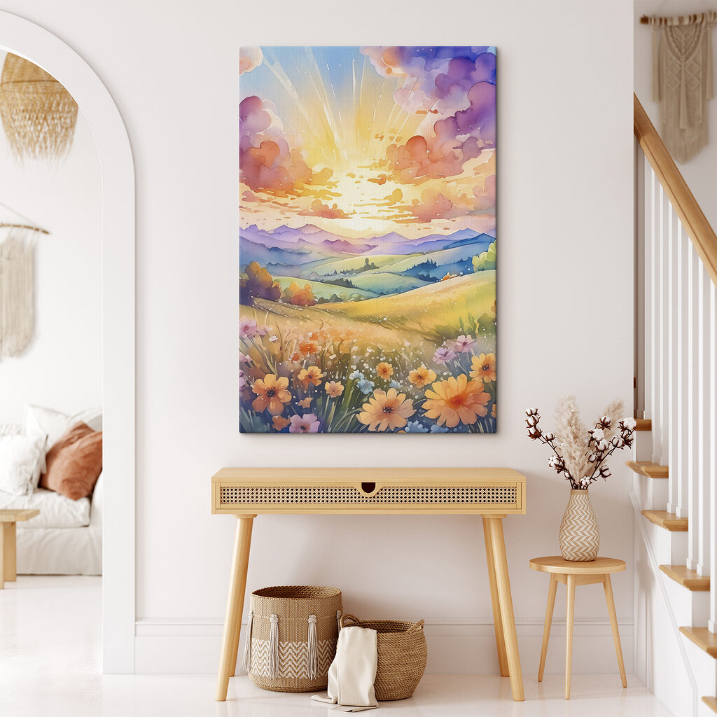 A painting of a landscape with mountains and flowers A painting of a landscape with mountains and flowers
