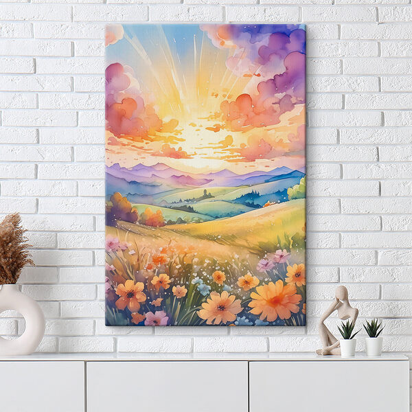 A painting of a landscape with mountains and flowers A painting of a landscape with mountains and flowers