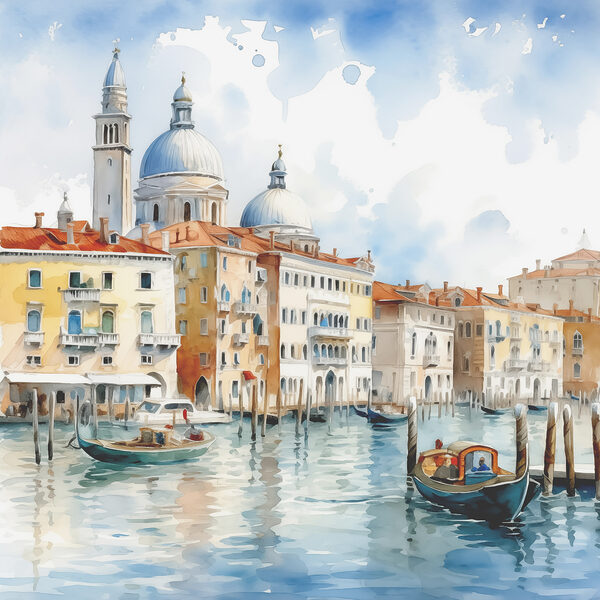 Watercolor of Grand Canal with boats and buildings