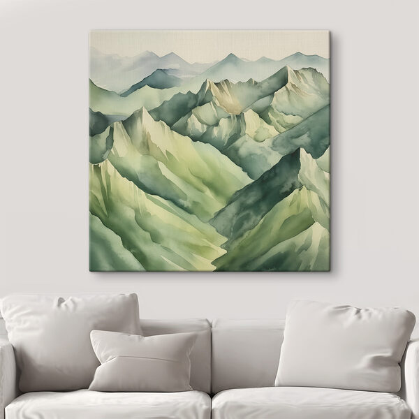 A painting of mountains with fog A painting of mountains with fog