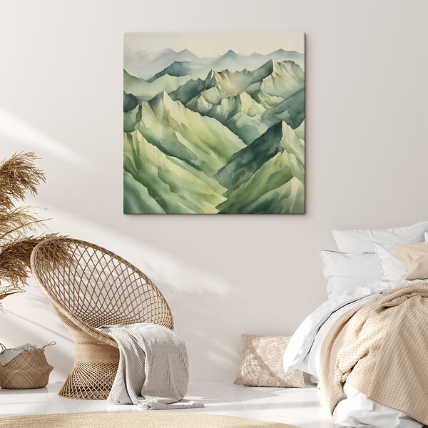 A painting of mountains with fog A painting of mountains with fog