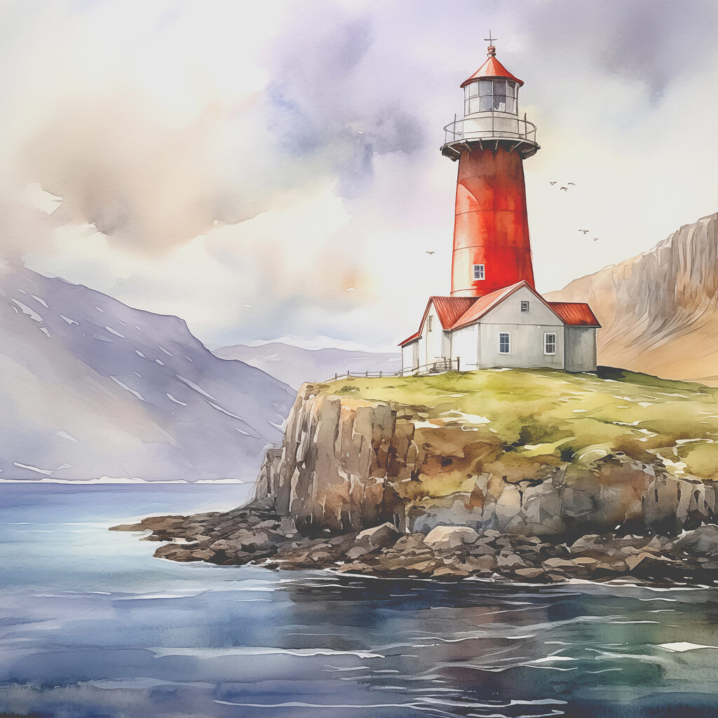 A watercolor painting of a lighthouse on a cliff A watercolor painting of a lighthouse on a cliff