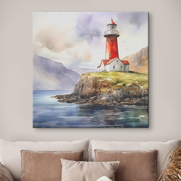 A watercolor painting of a lighthouse on a cliff A watercolor painting of a lighthouse on a cliff