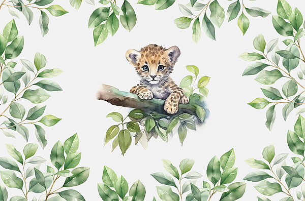 Akvarel leopardieho mláďaťa na konári stromu Akvarel leopardieho mláďaťa na konári stromu