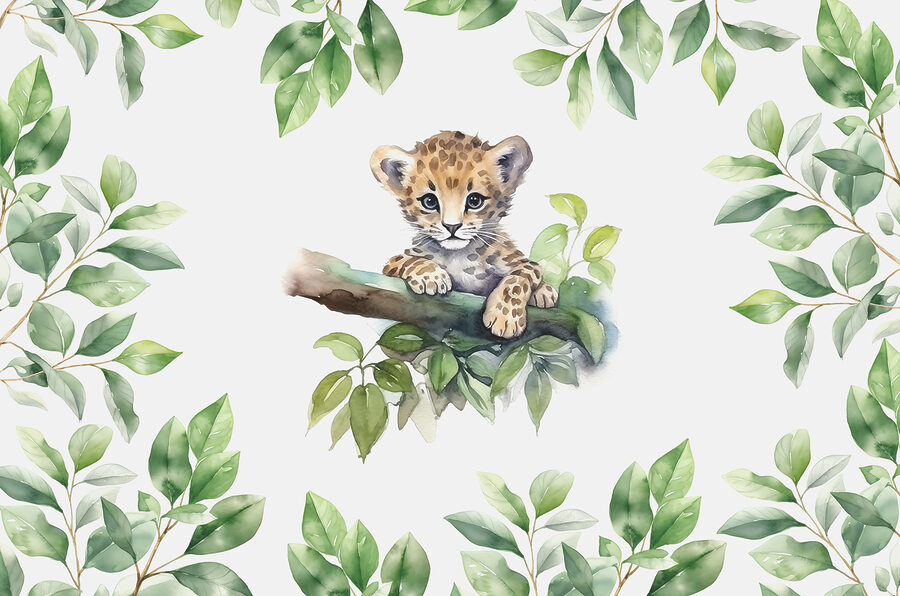 Akvarel leopardieho mláďaťa na konári stromu