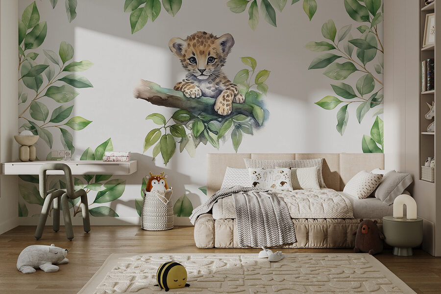 Akvarel leopardieho mláďaťa na konári stromu