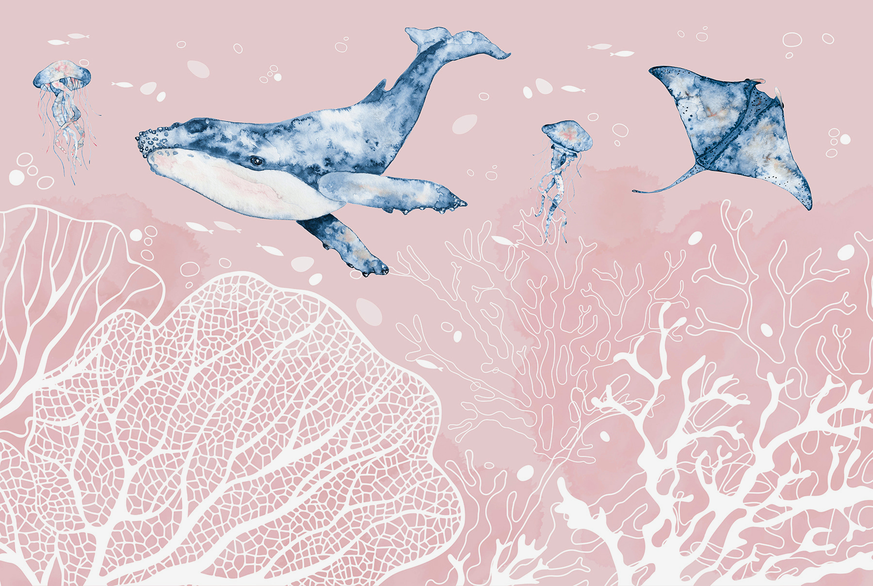 A whale and stingrays swimming in the ocean A whale and stingrays swimming in the ocean