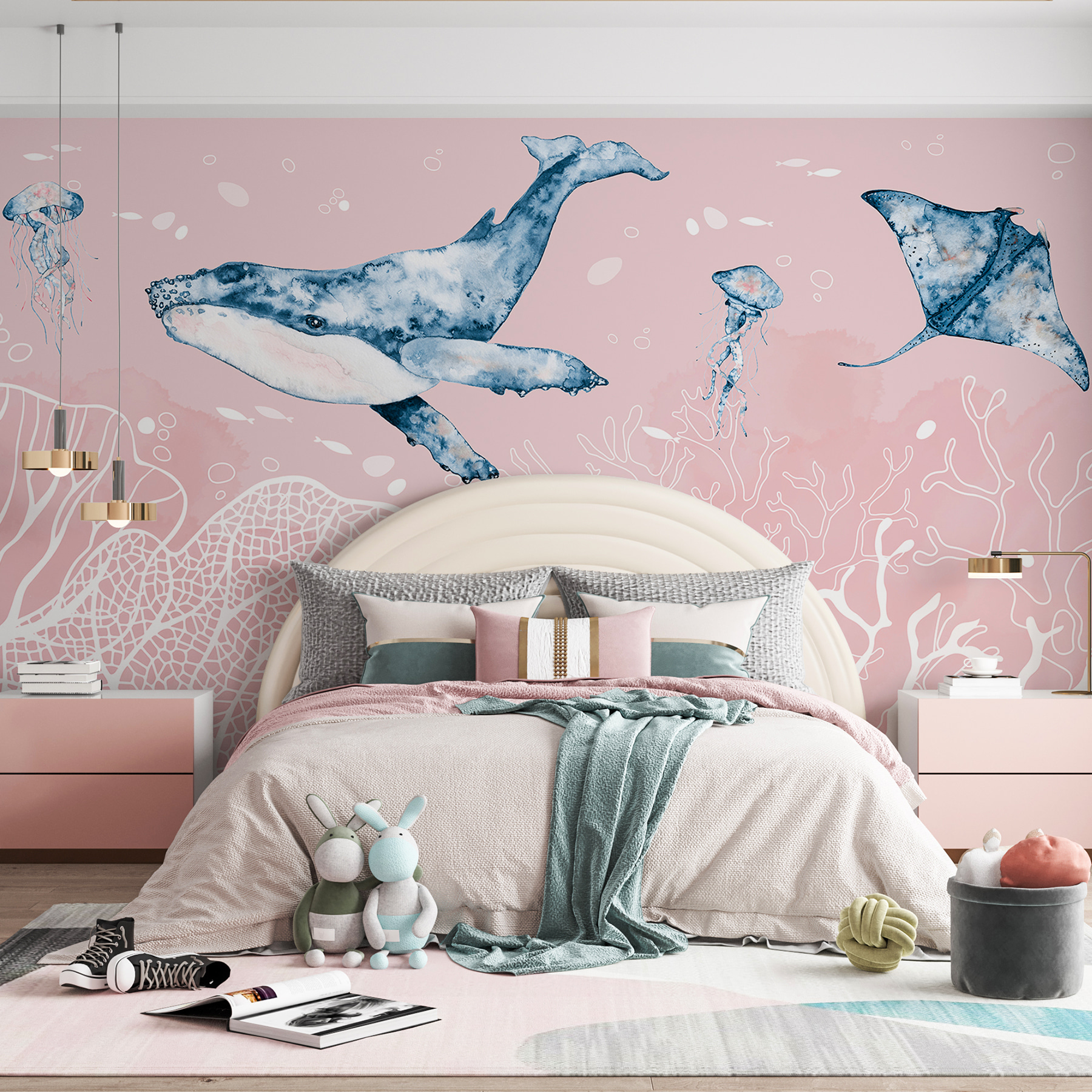 A whale and stingrays swimming in the ocean A whale and stingrays swimming in the ocean