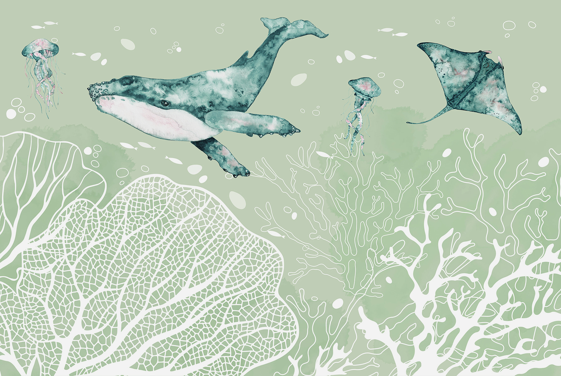 A whale and stingrays swimming in the ocean