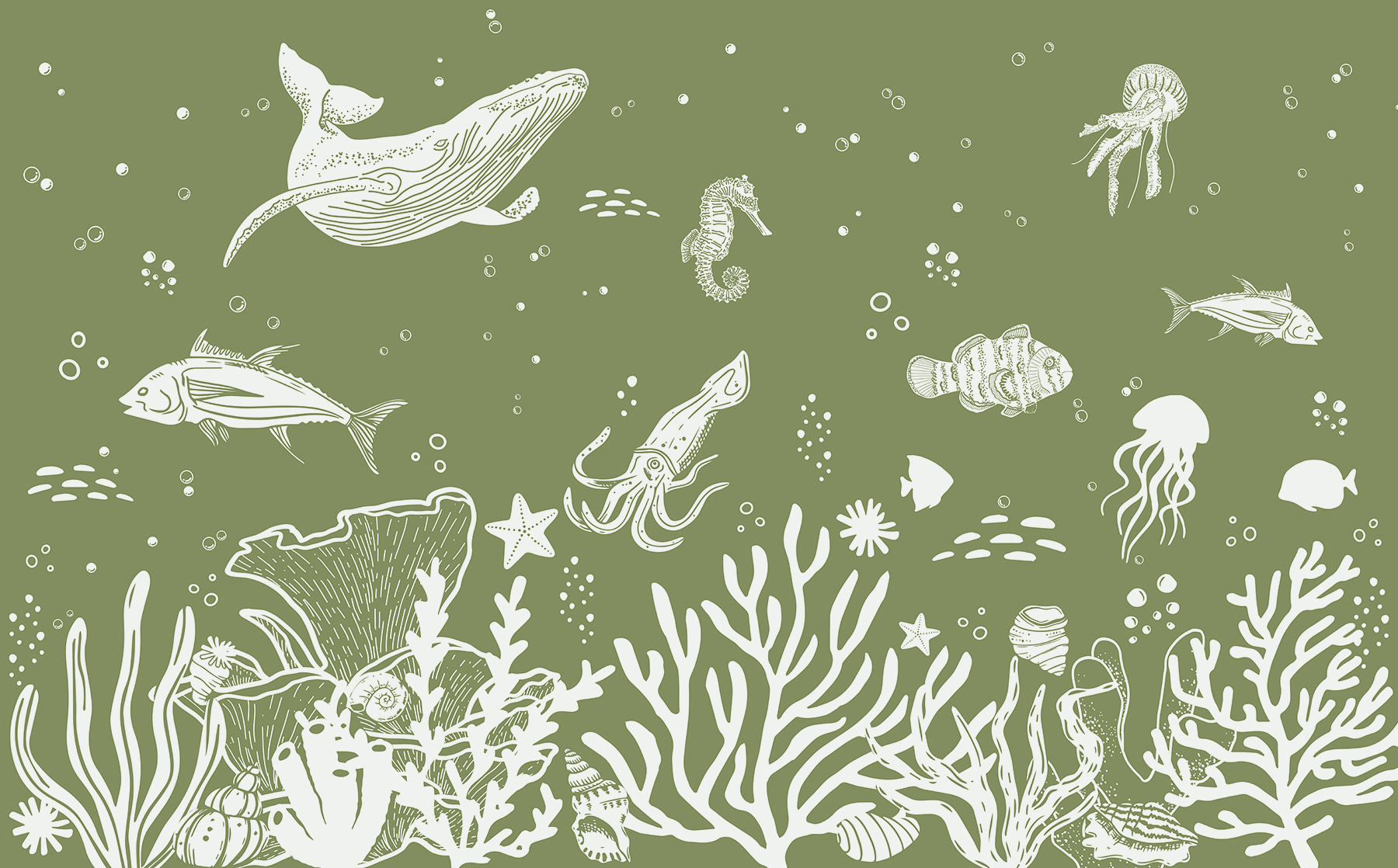 A sea life drawing on a green background