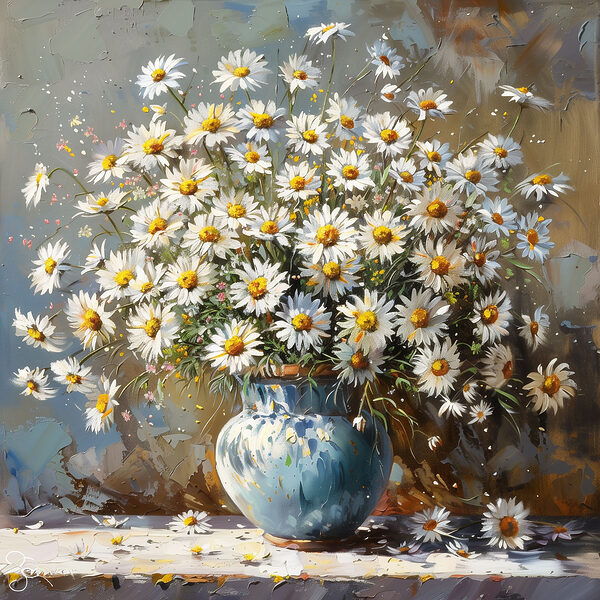 A painting of a vase of daisies