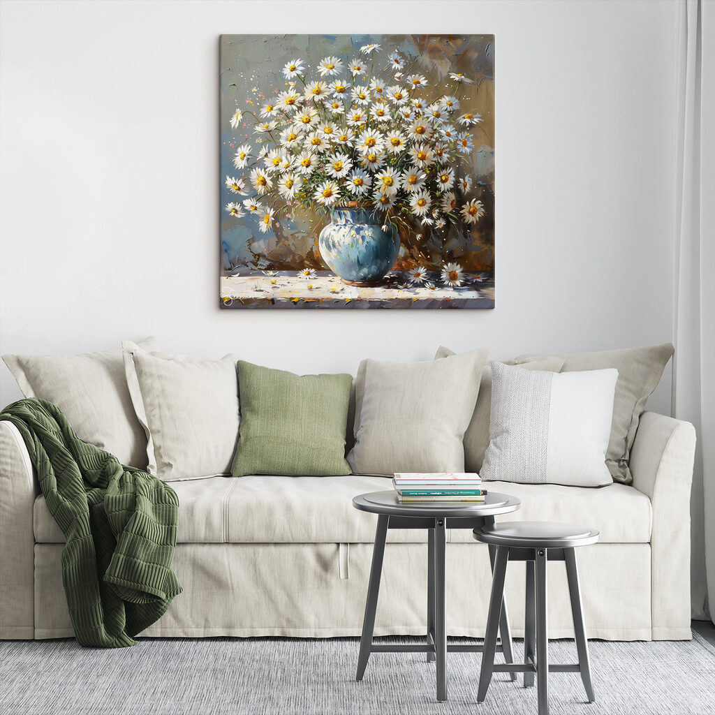 A painting of a vase of daisies