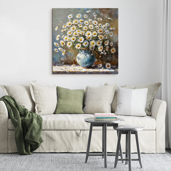A painting of a vase of daisies