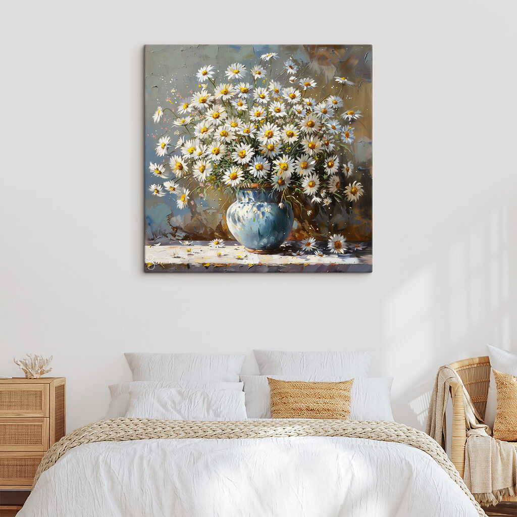 A painting of a vase of daisies