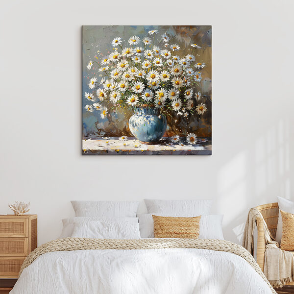 A painting of a vase of daisies