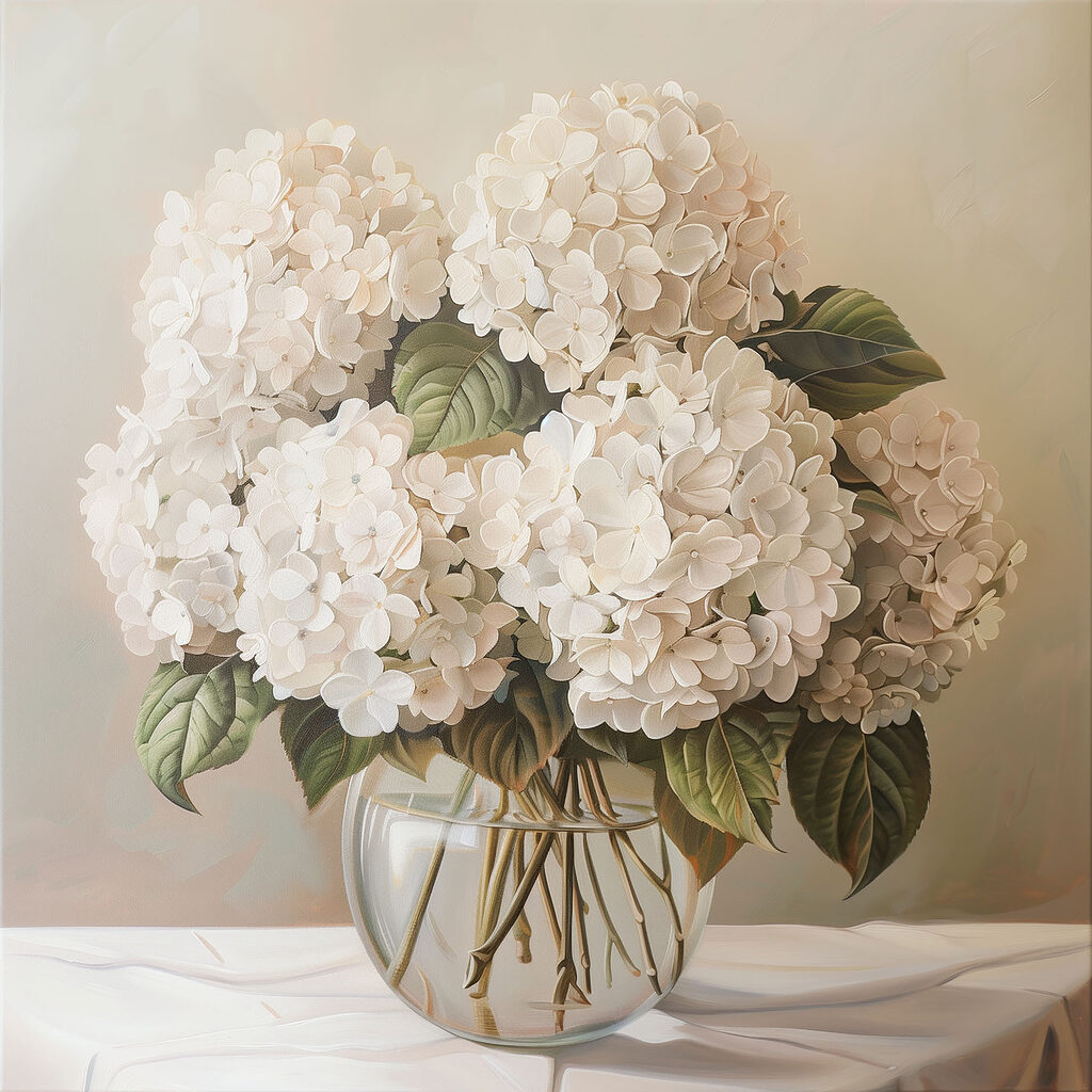 A painting of a bouquet of white flowers in a glass vase A painting of a bouquet of white flowers in a glass vase