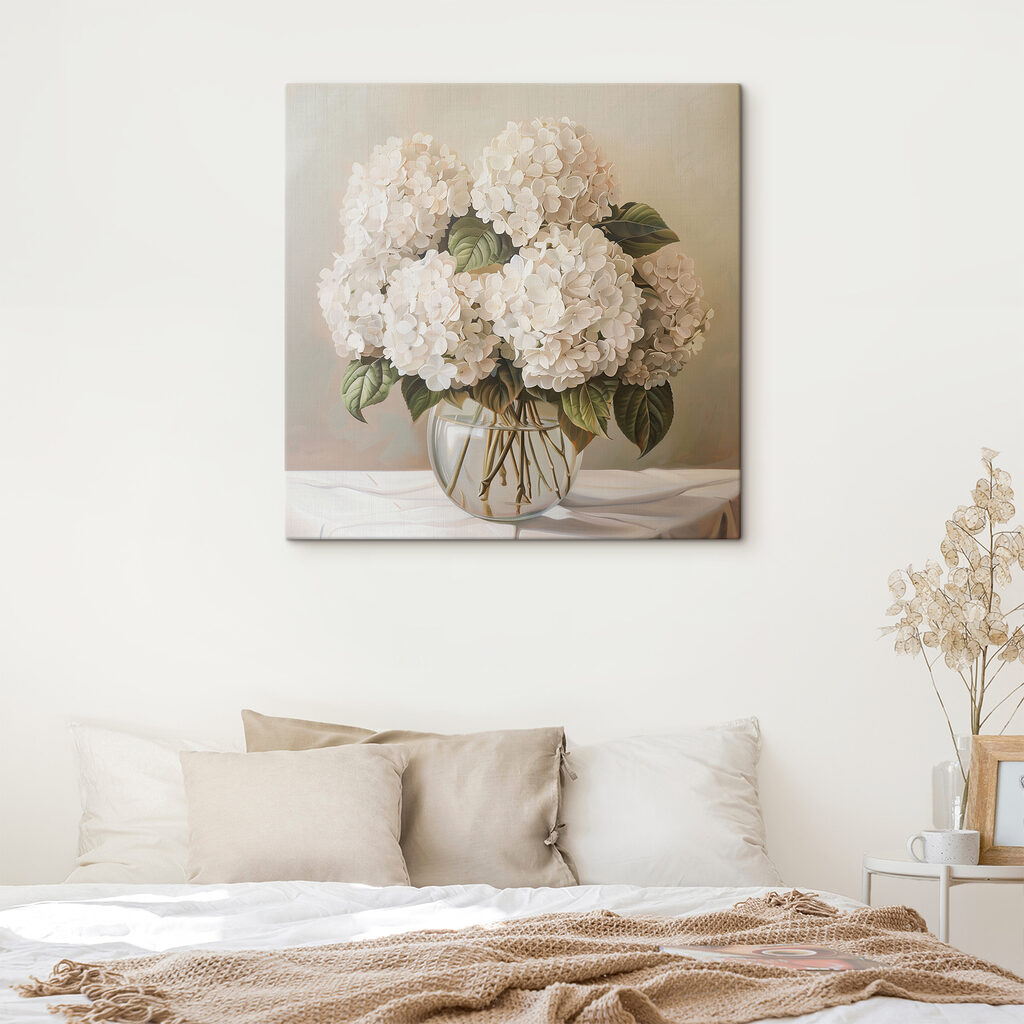 A painting of a bouquet of white flowers in a glass vase A painting of a bouquet of white flowers in a glass vase