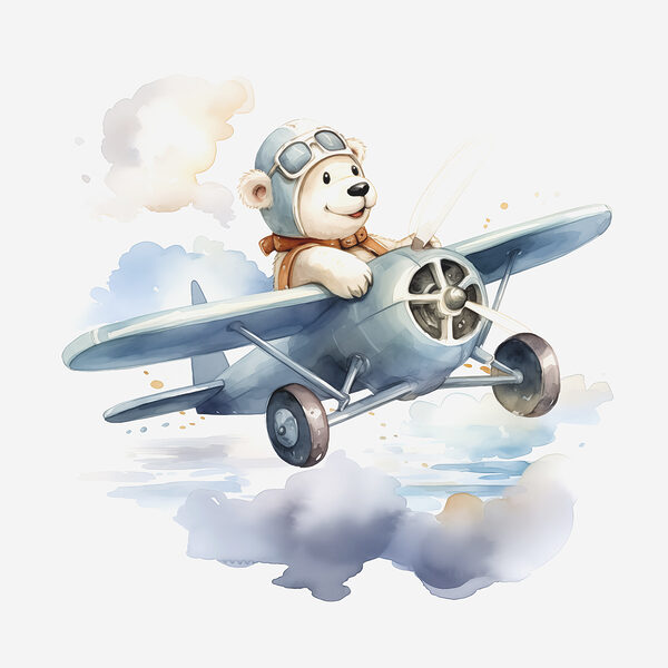 A cartoon bear in a pilot hat flying in an airplane