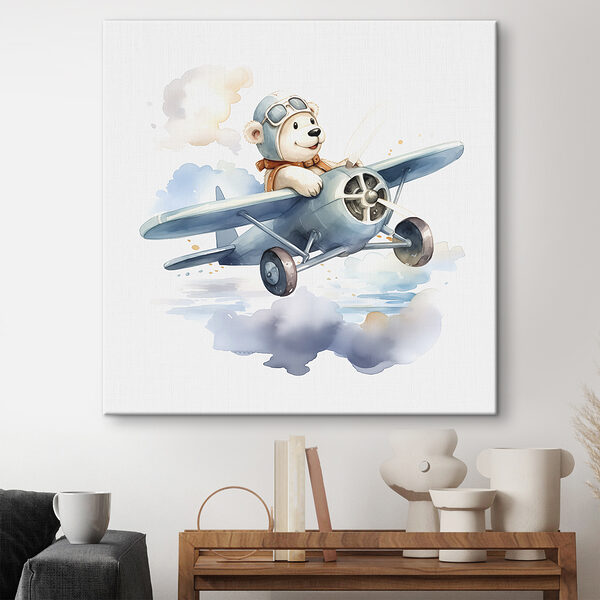 A cartoon bear in a pilot hat flying in an airplane