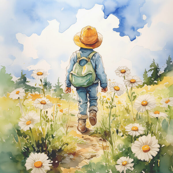 A child walking in a field of flowers