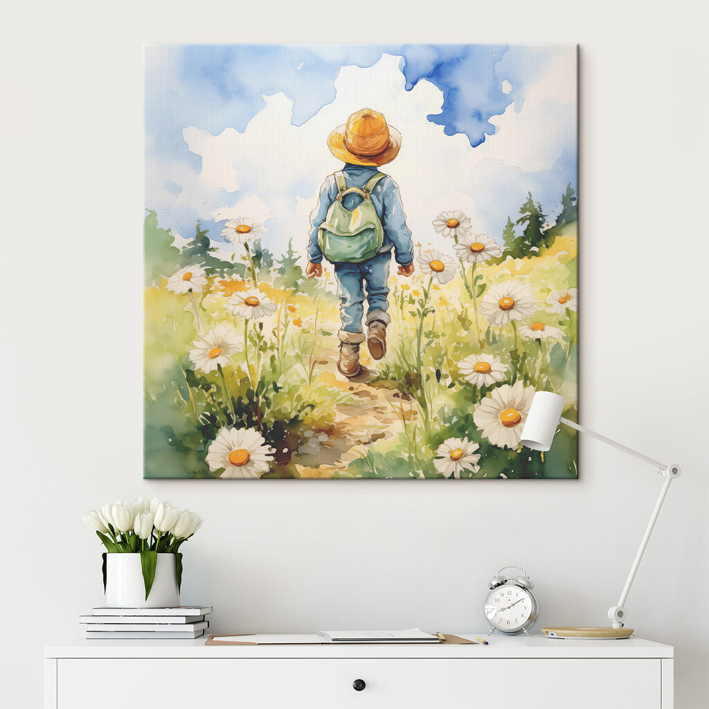 A child walking in a field of flowers