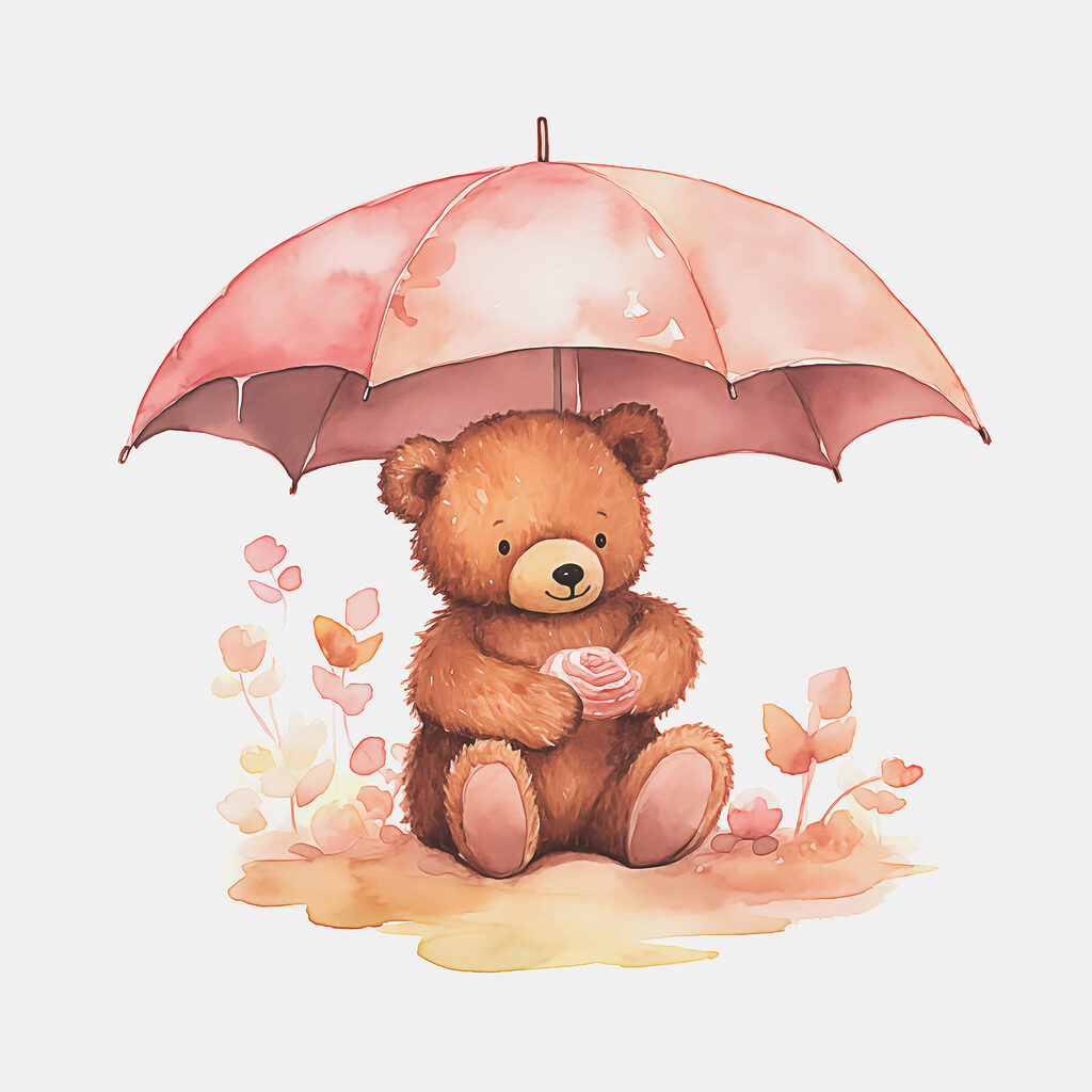 A watercolor of a teddy bear holding a flower under an umbrella A watercolor of a teddy bear holding a flower under an umbrella
