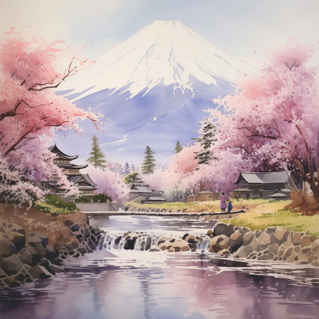A watercolor of a river with a mountain in the background