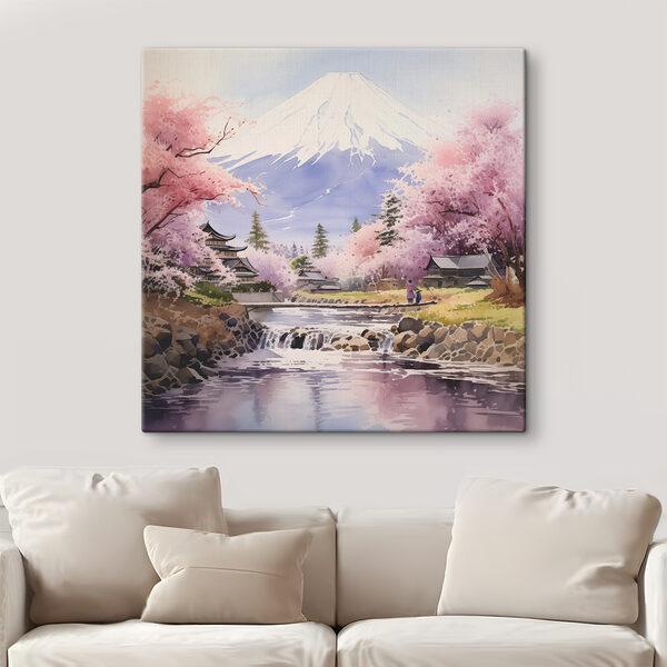 A watercolor of a river with a mountain in the background