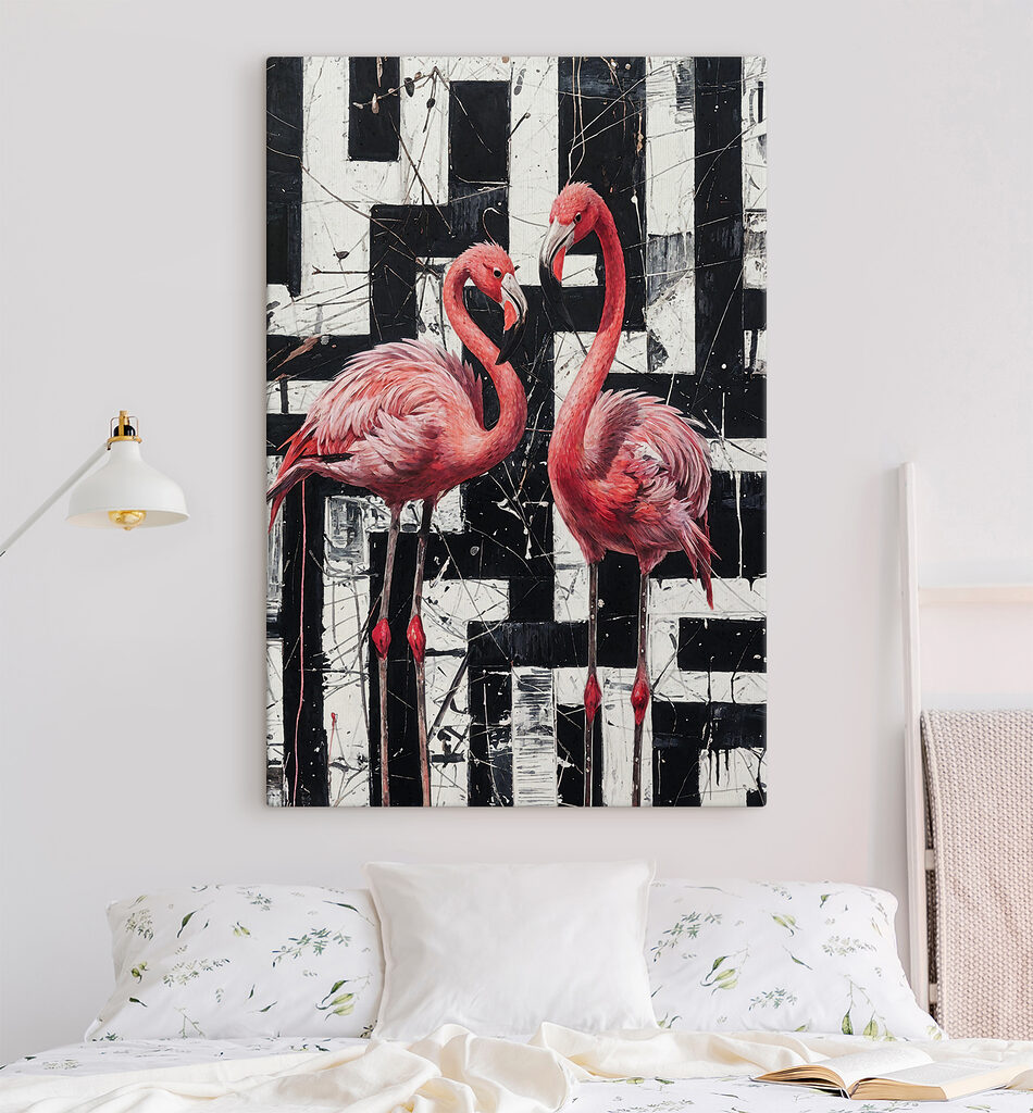 A painting of flamingos on a black and white background A painting of flamingos on a black and white background