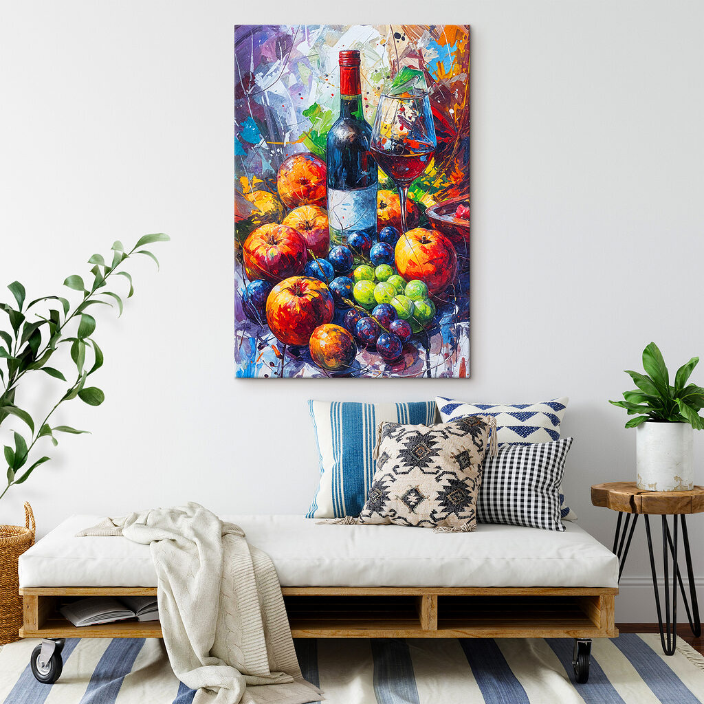 A painting of a wine bottle and fruit A painting of a wine bottle and fruit