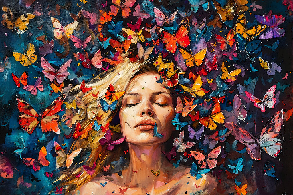 A woman surrounded by butterflies