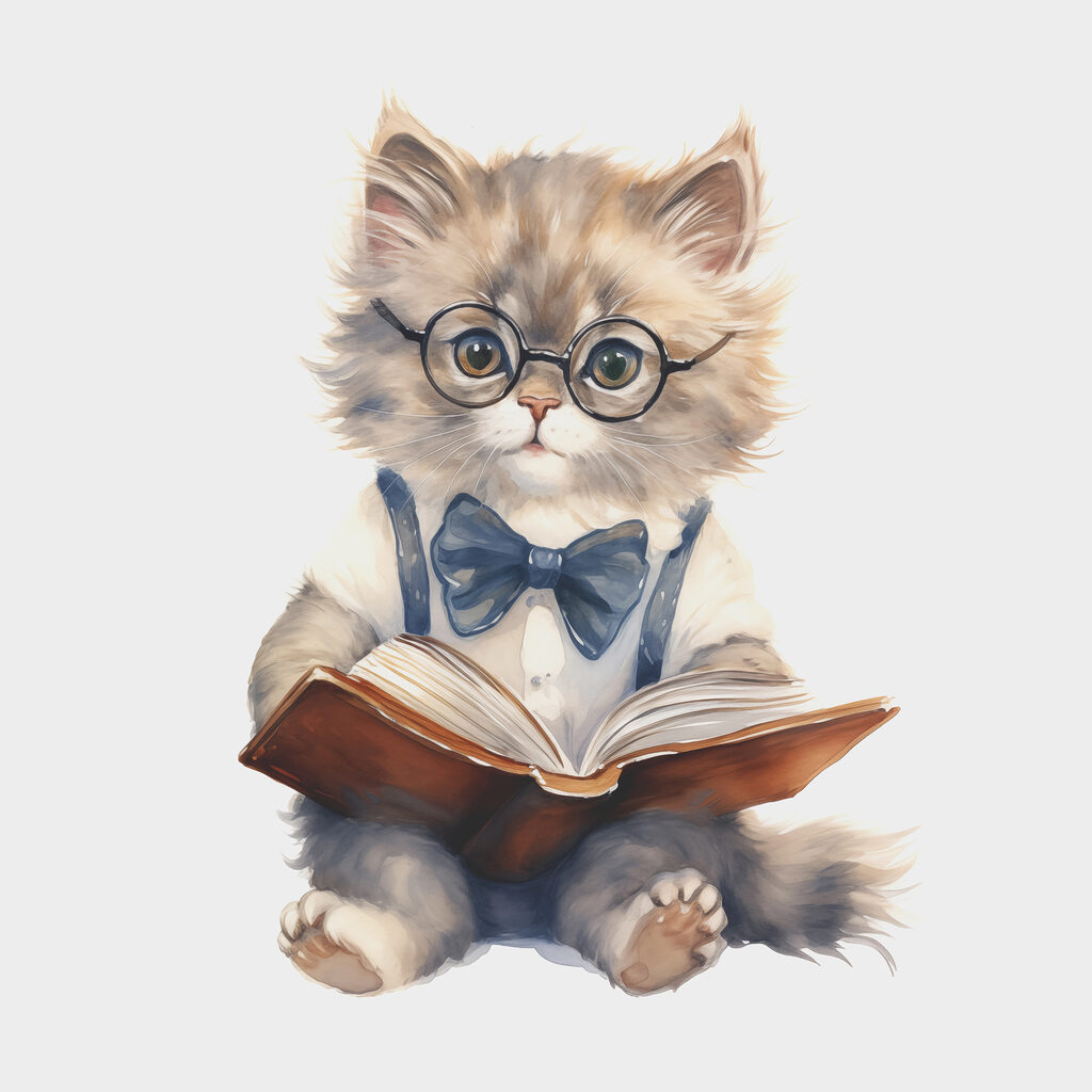 A cat wearing glasses and a bow tie reading a book A cat wearing glasses and a bow tie reading a book