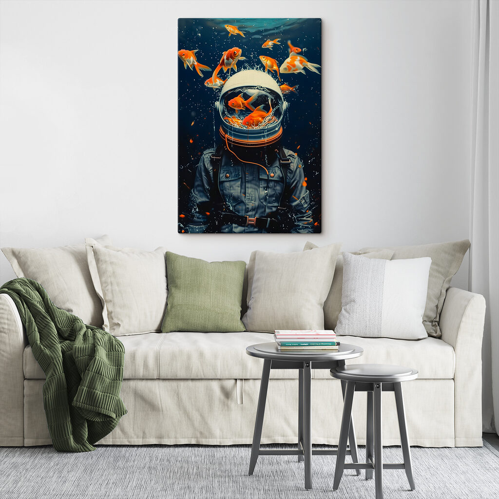 Space helmet filled with swimming fish Space helmet filled with swimming fish