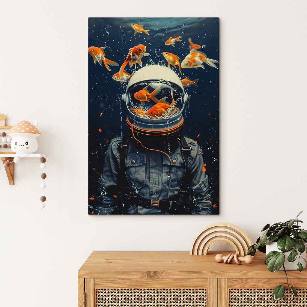 Space helmet filled with swimming fish Space helmet filled with swimming fish