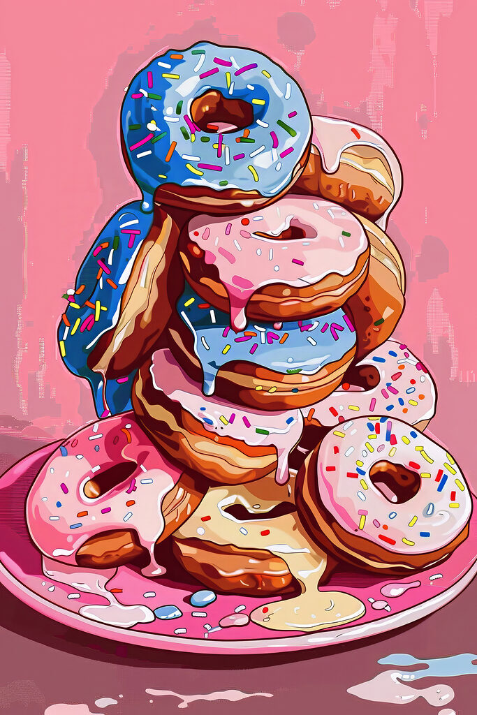 A stack of donuts with frosting and sprinkles A stack of donuts with frosting and sprinkles