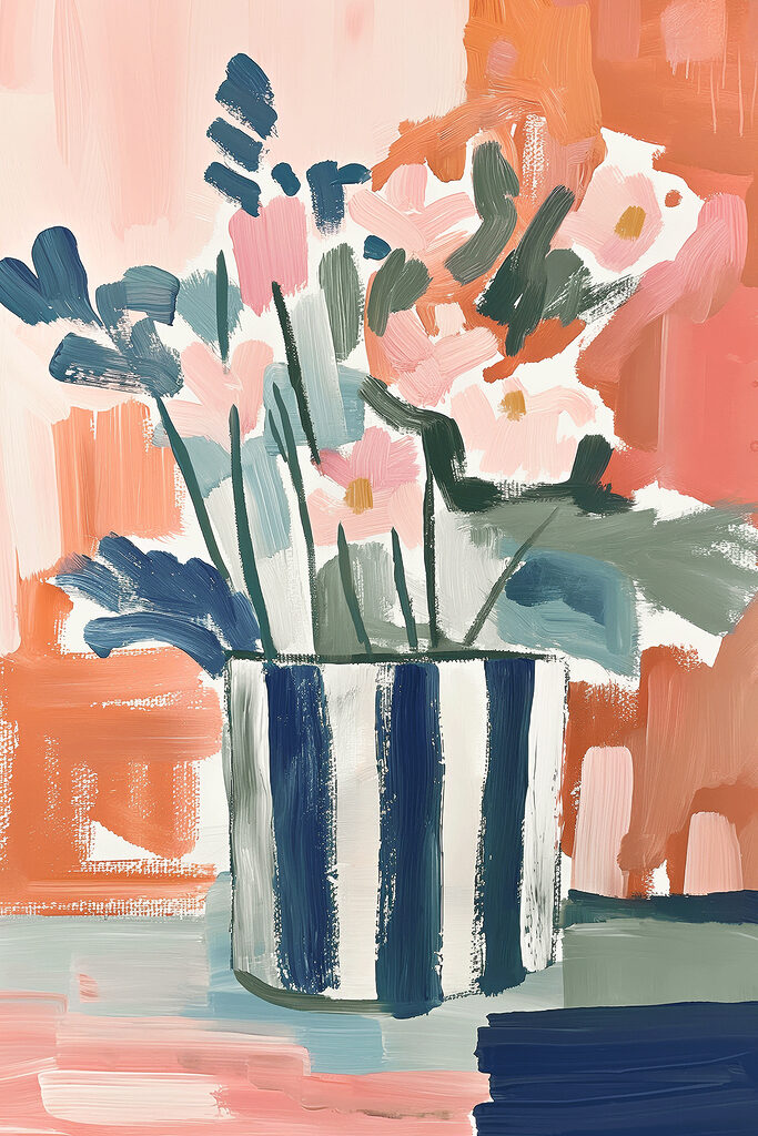 A painting of flowers in a striped pot