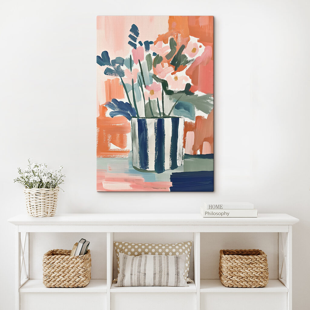 A painting of flowers in a striped pot
