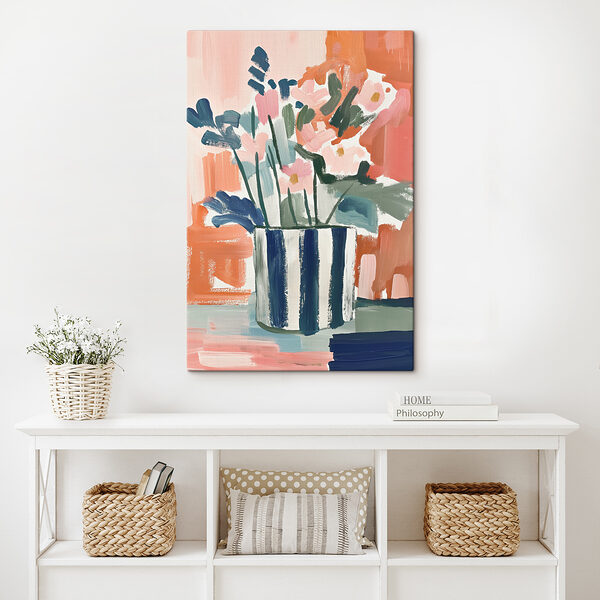 A painting of flowers in a striped pot