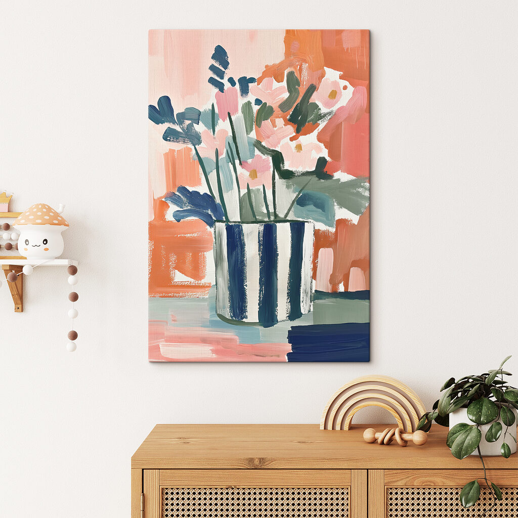 A painting of flowers in a striped pot